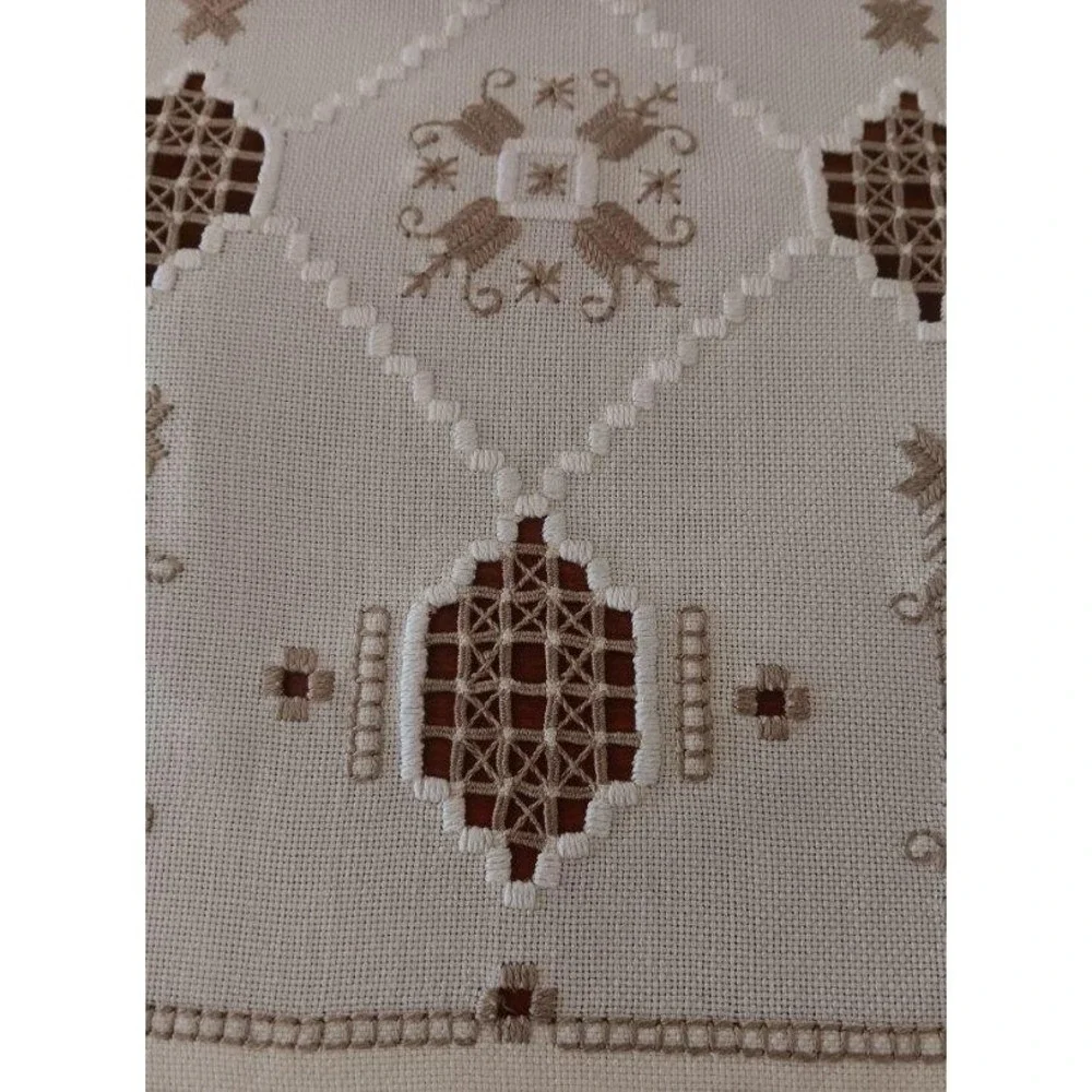 Unused Vintage Hardanger Table Runner Taupe Embroidery Lace Norway New 51" - Picture 3 of 4